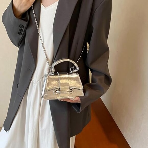 Neiman Marcus Glossy PU Leather Silver Mini Top Handle Crossbody Bag